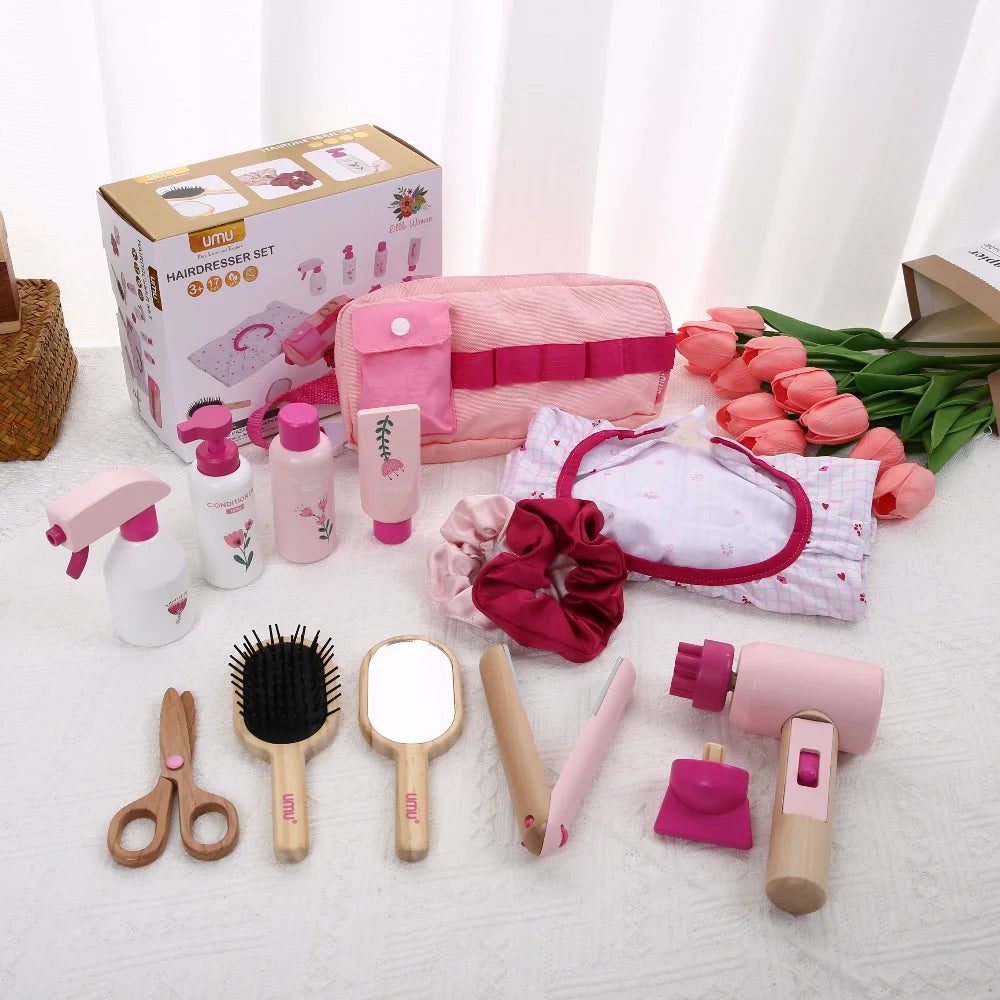 Collection of hair care and styling products including a hairdresser's set on a white surface with a box in the background.