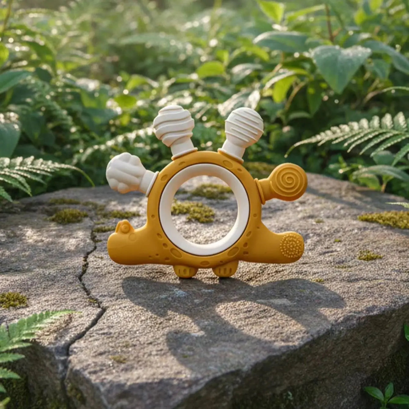 A yellow and white baby teething ring toy shaped like a turtle, resting on a mossy stone with a lush green garden background.
