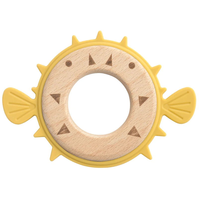 Mustard pufferfish teether with wooden ring