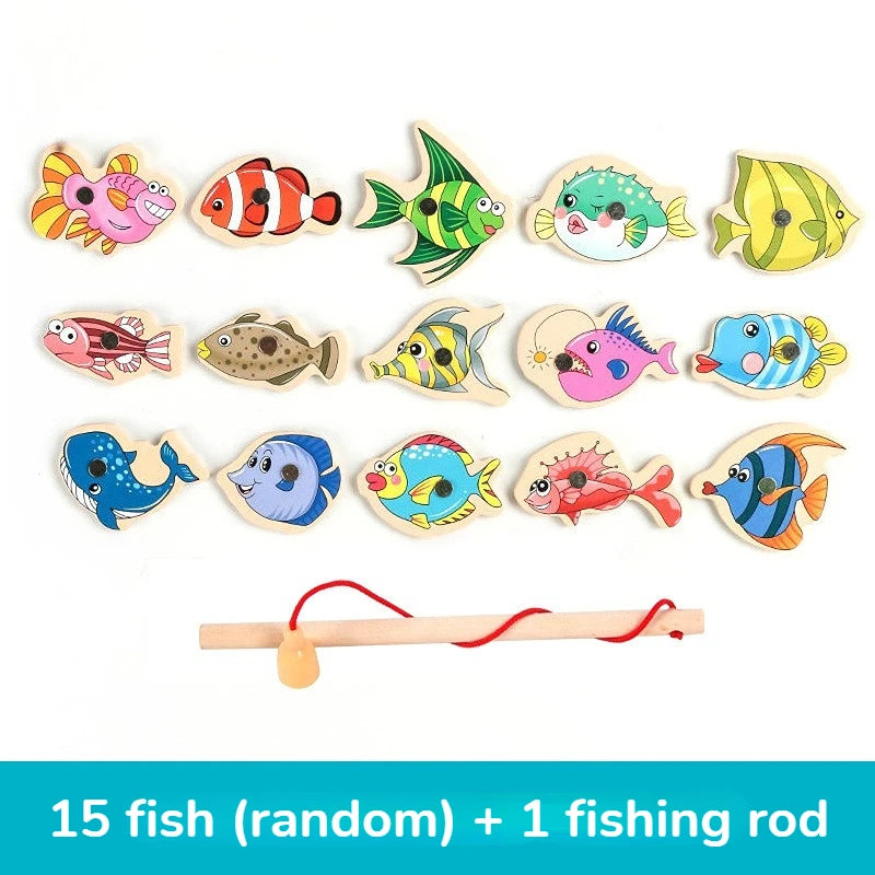 Set of colorful wooden fishing toys with a fishing rod on a white background