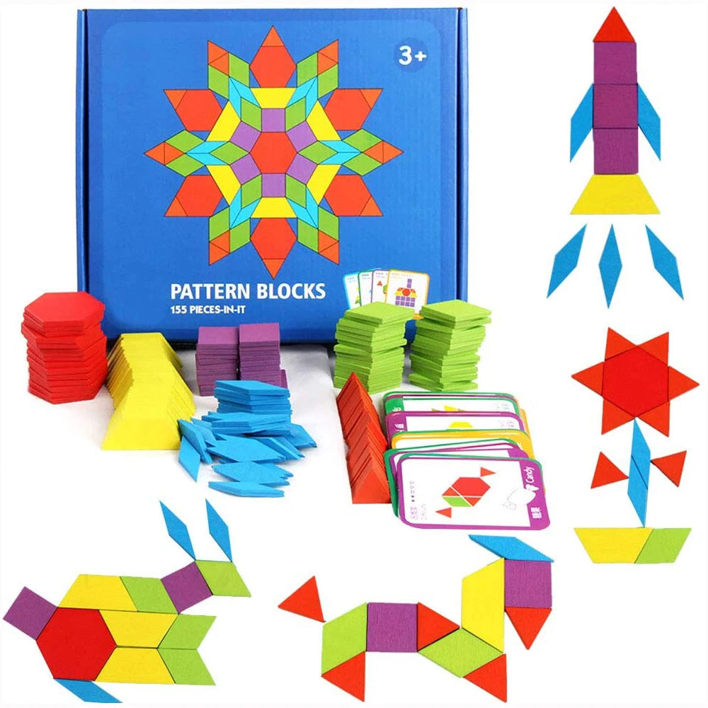 155-Piece Wooden Pattern Blocks Set featuring colorful geometric shapes for creative learning and play, designed to enhance fine motor skills and problem-solving abilities in children.