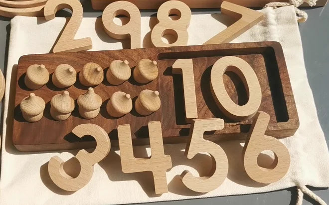 Wooden Montessori Counting Board Sets – Walnut Frame, Number Tiles & Felt Balls