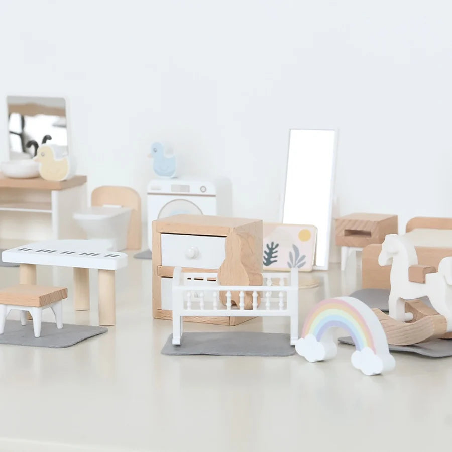 Nordic Wooden Dollhouse Furniture Montessori Mini Room Sets for Kids