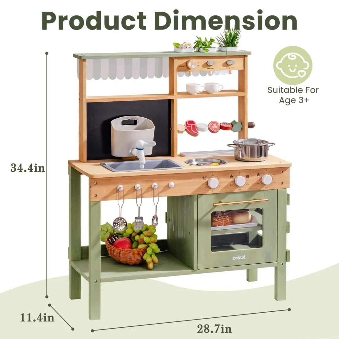 Wooden play kitchen set with measurements and suitability for age 3+ on a white background