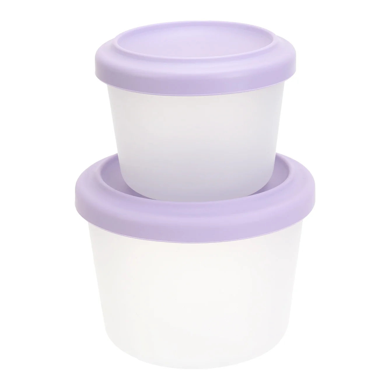 Two round silicone containers with lavender lids