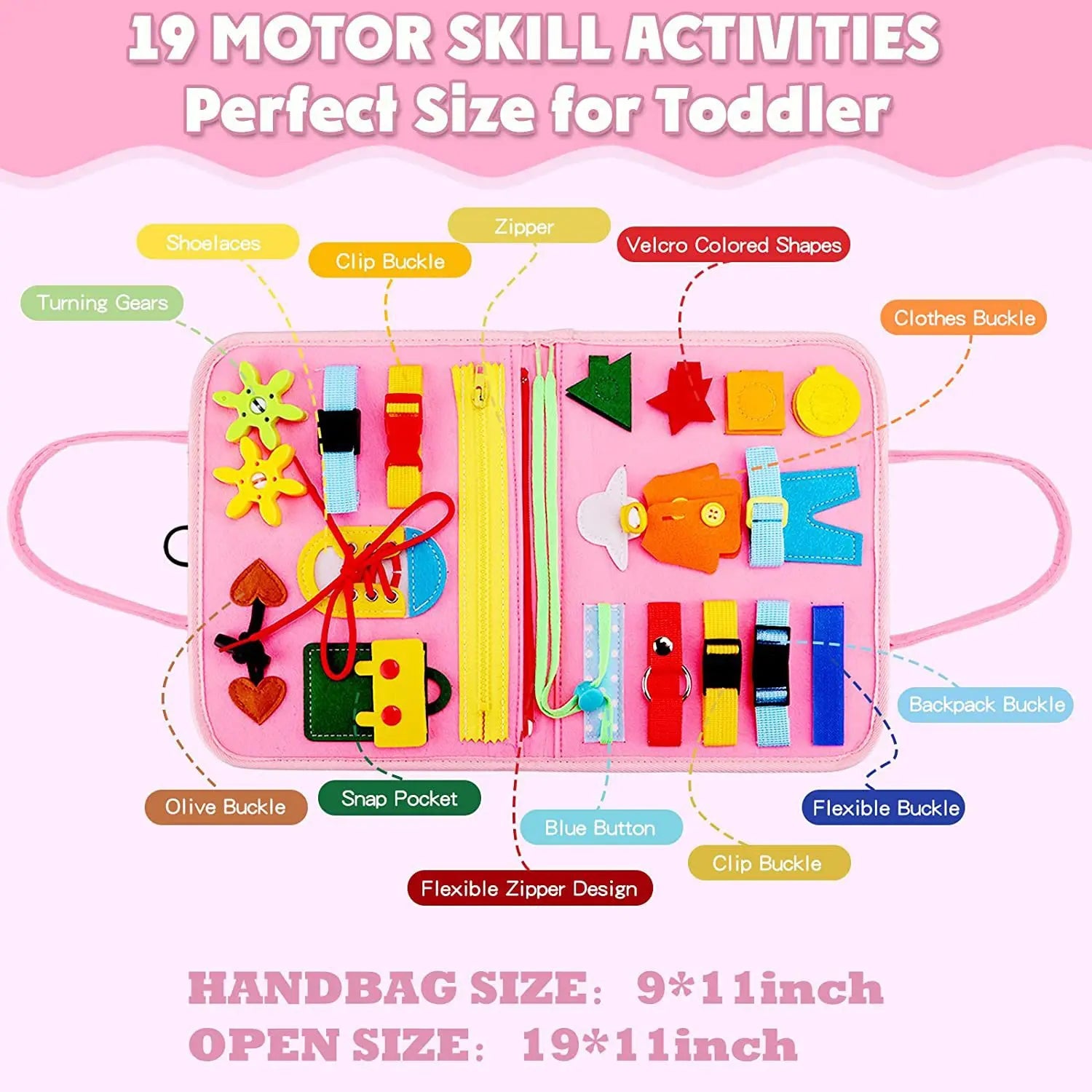 Pink educational toy with various components labeled, perfect for toddlers.