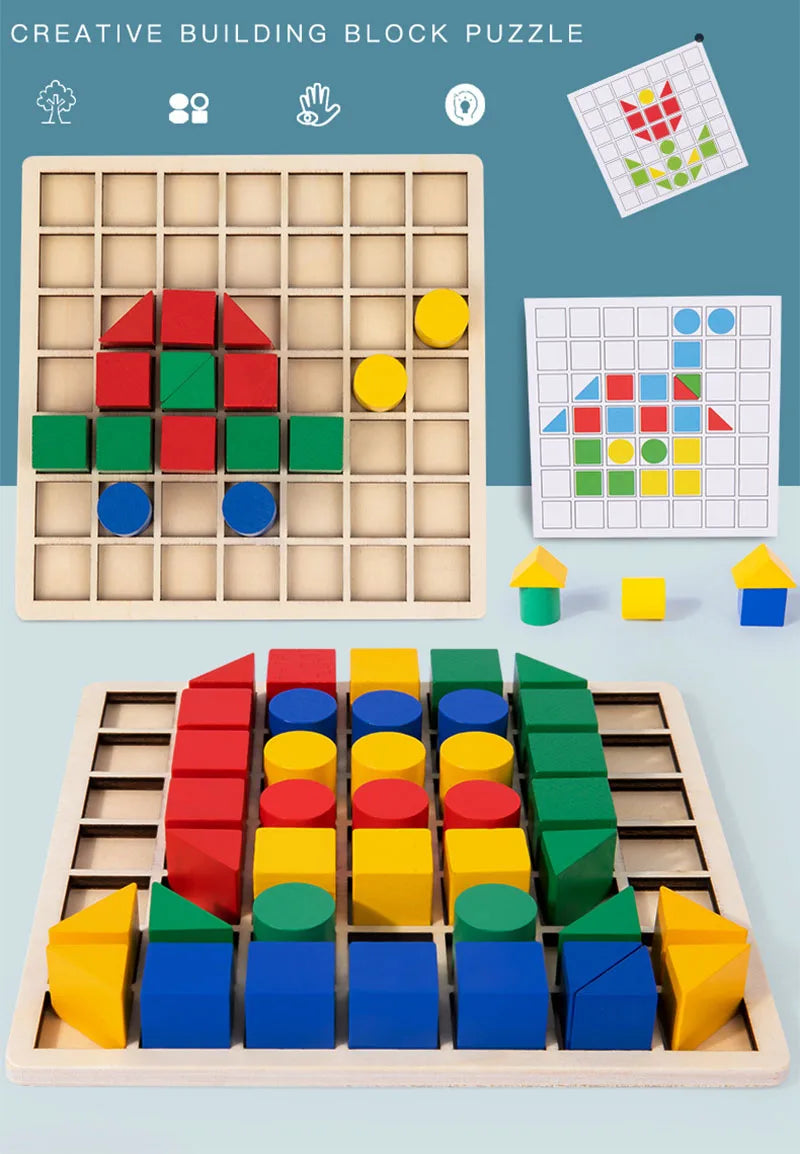 Creative Building Block Puzzle on a wooden grid, featuring colorful blocks, designed for Montessori-style learning and cognitive development in children aged 3 and up.