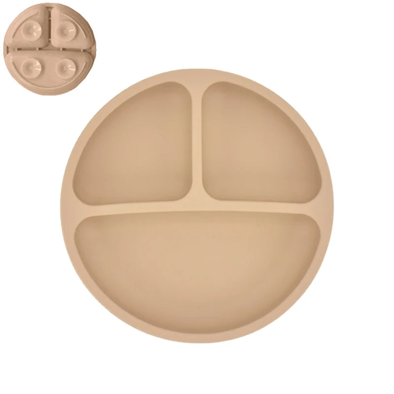 Beige silicone plate with three sections on a white background