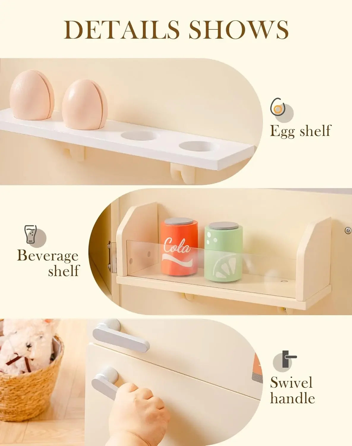 Egg shelf with beverage shelves and swivel handle on a beige background