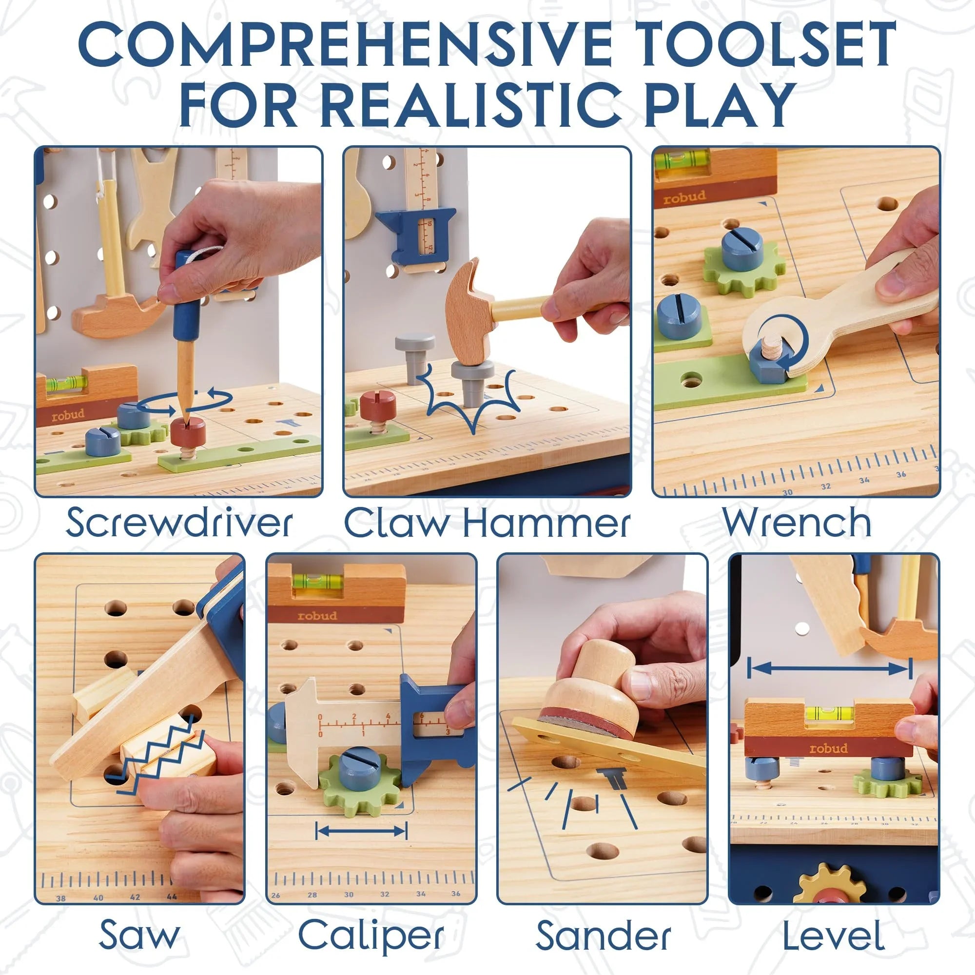 Wooden Toy Workbench with Tools | Kids Pretend Play Building Set