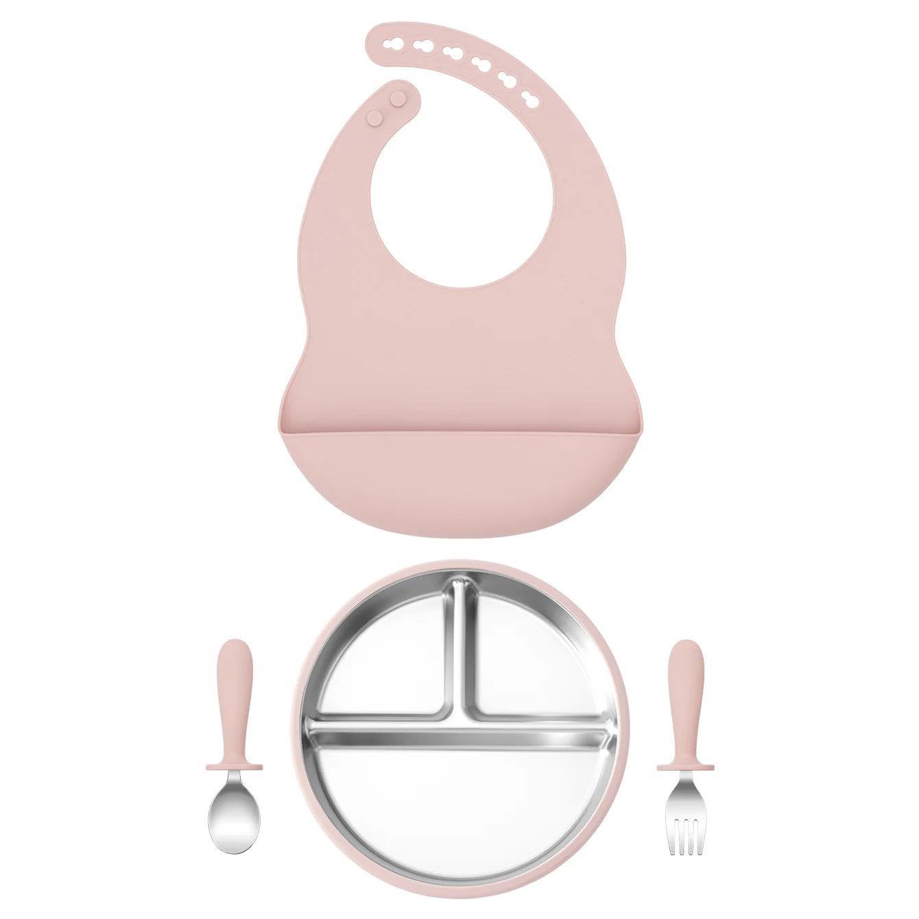 4-Piece Stainless Steel Silicone Feeding Set with Divided Plate and Bib