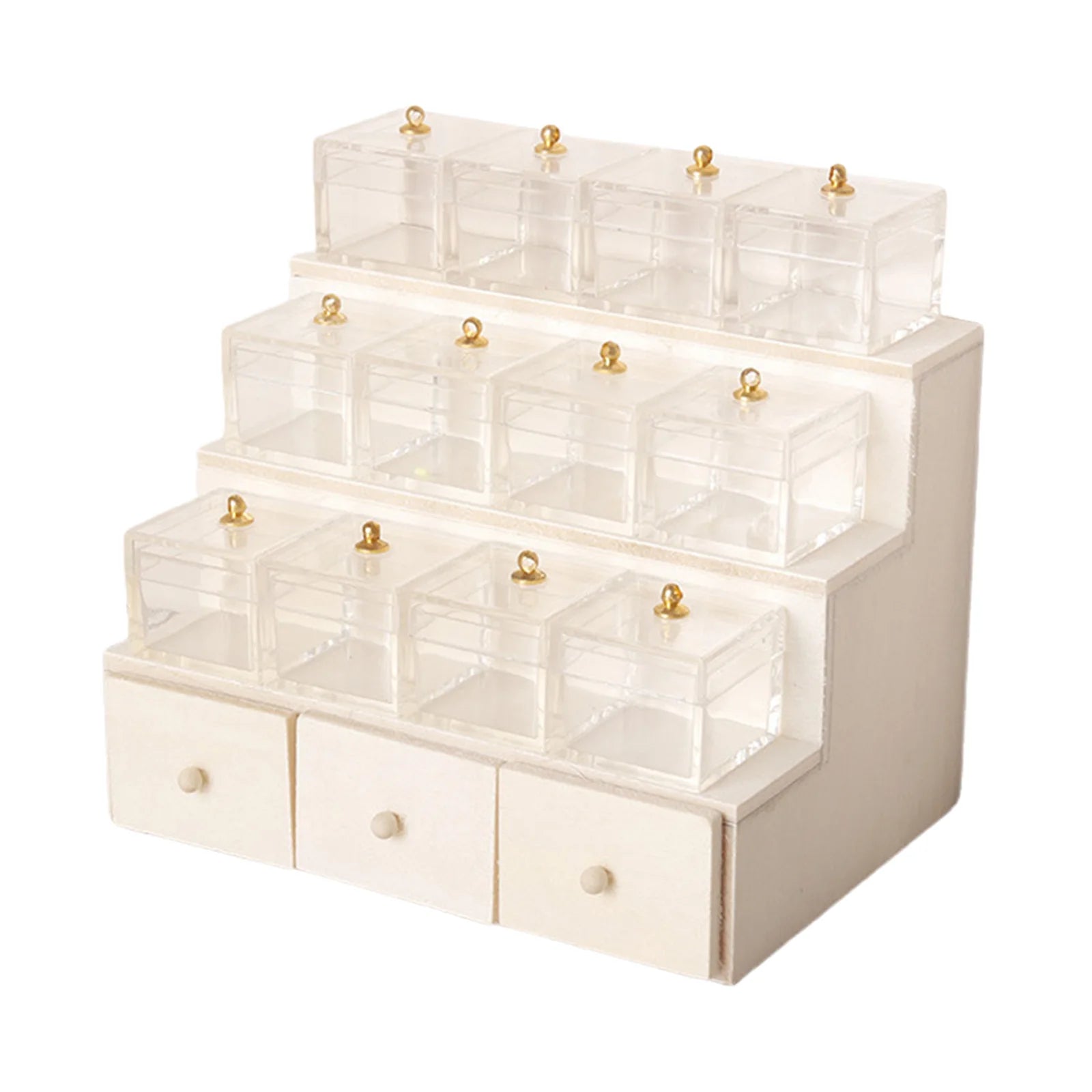 White display stand with clear acrylic shelves and drawers on a white background