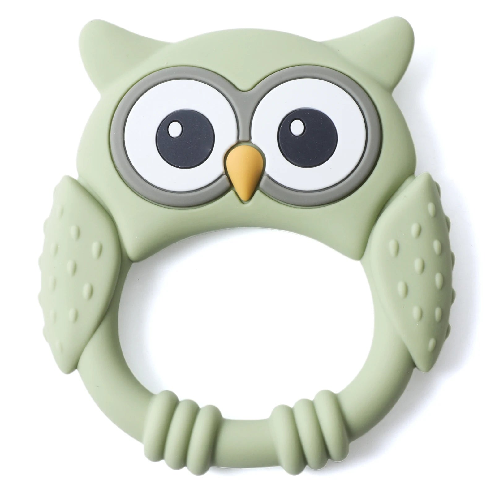 Green owl-shaped teething ring on a white background