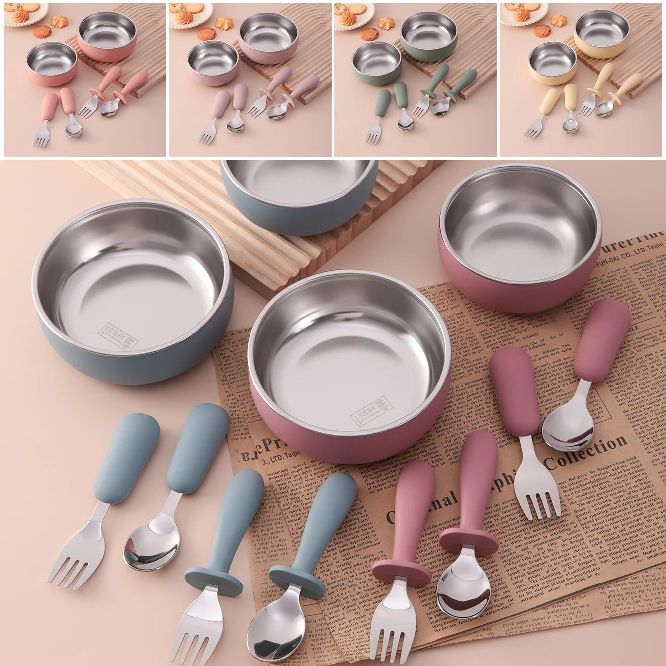 4-Piece Stainless Steel Silicone Suction Bowl and Utensil Set | Oliver & Company Montessori Toys