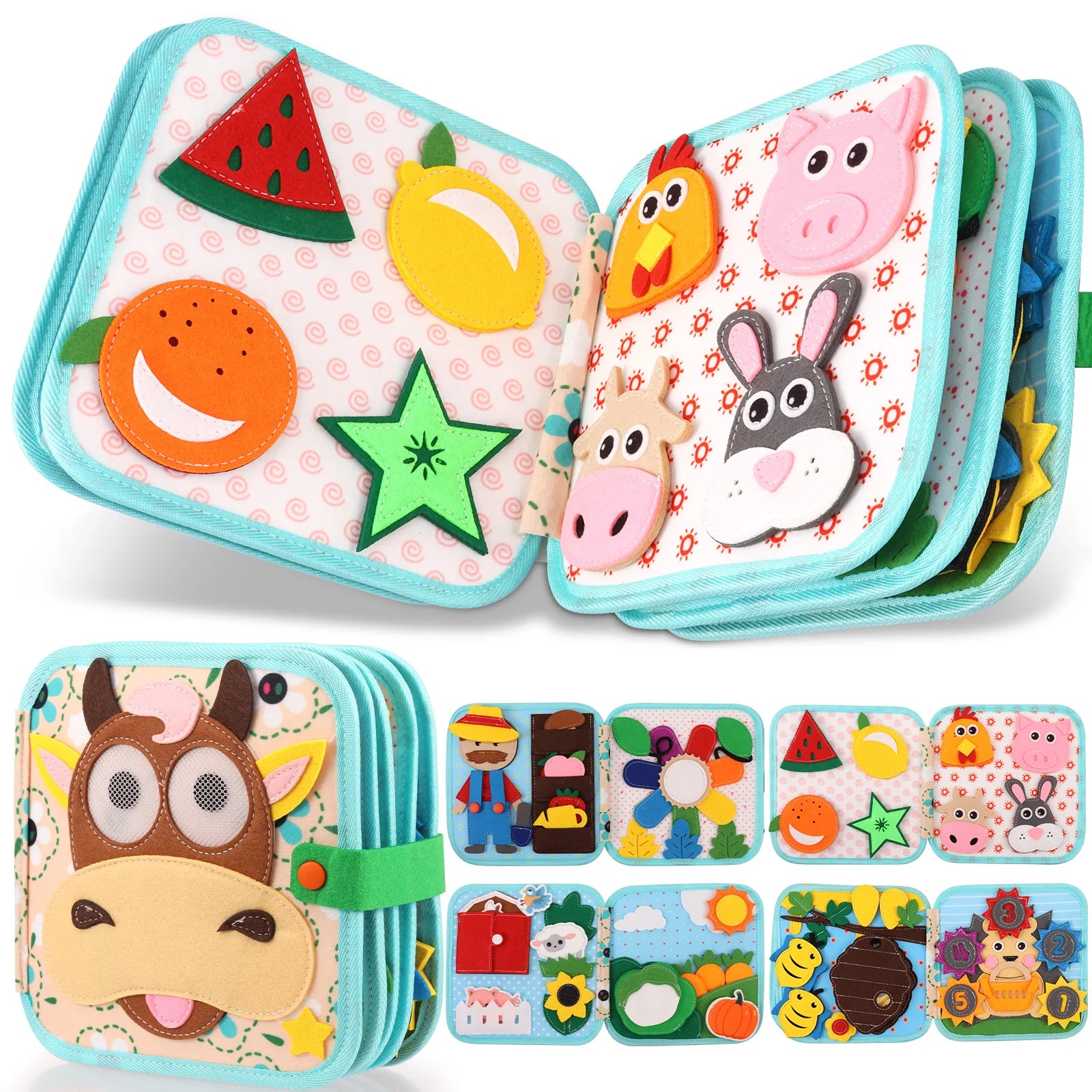 Children's soft book with animal and fruit illustrations on a white background