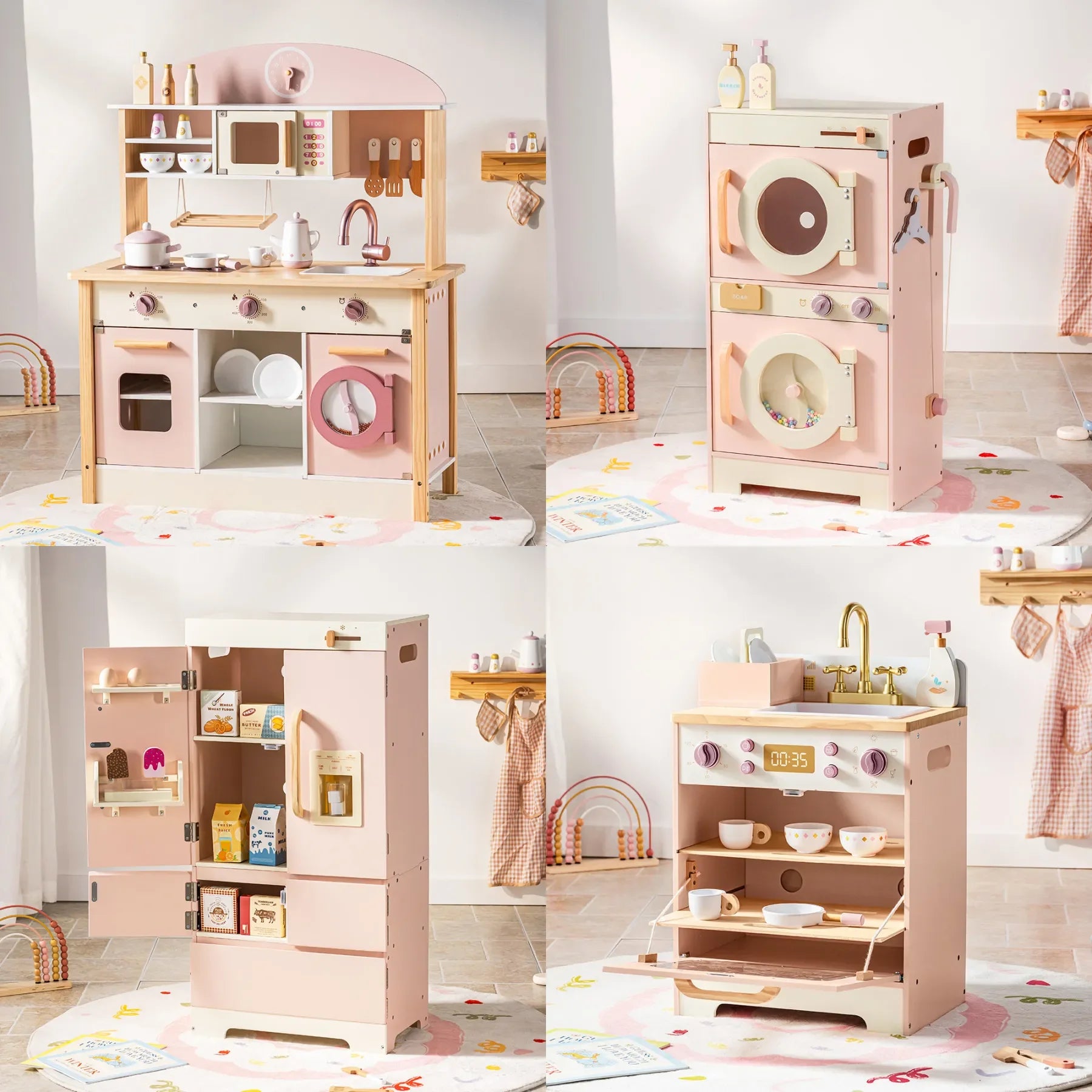 Collage of a pink and wooden toy kitchen set with various appliances and utensils.