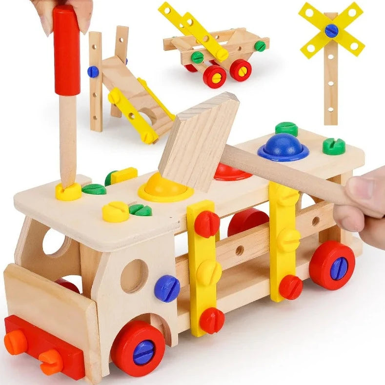 Montessori Truck Building Tools Toy featuring a wooden vehicle with colorful wheels and parts, designed for assembly and disassembly to enhance motor skills and cognitive development.