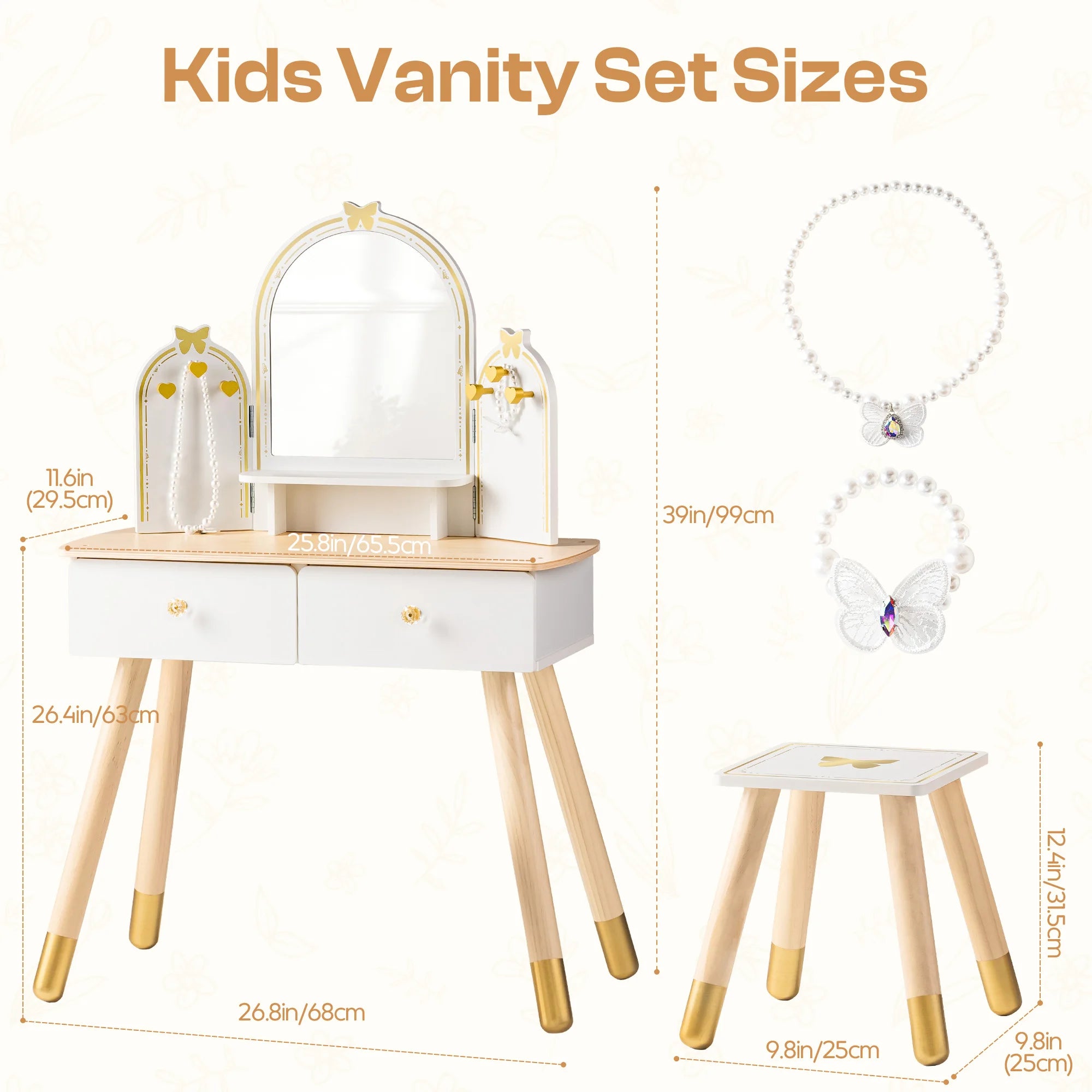 Wooden Kids Vanity Table with Mirror and Stool