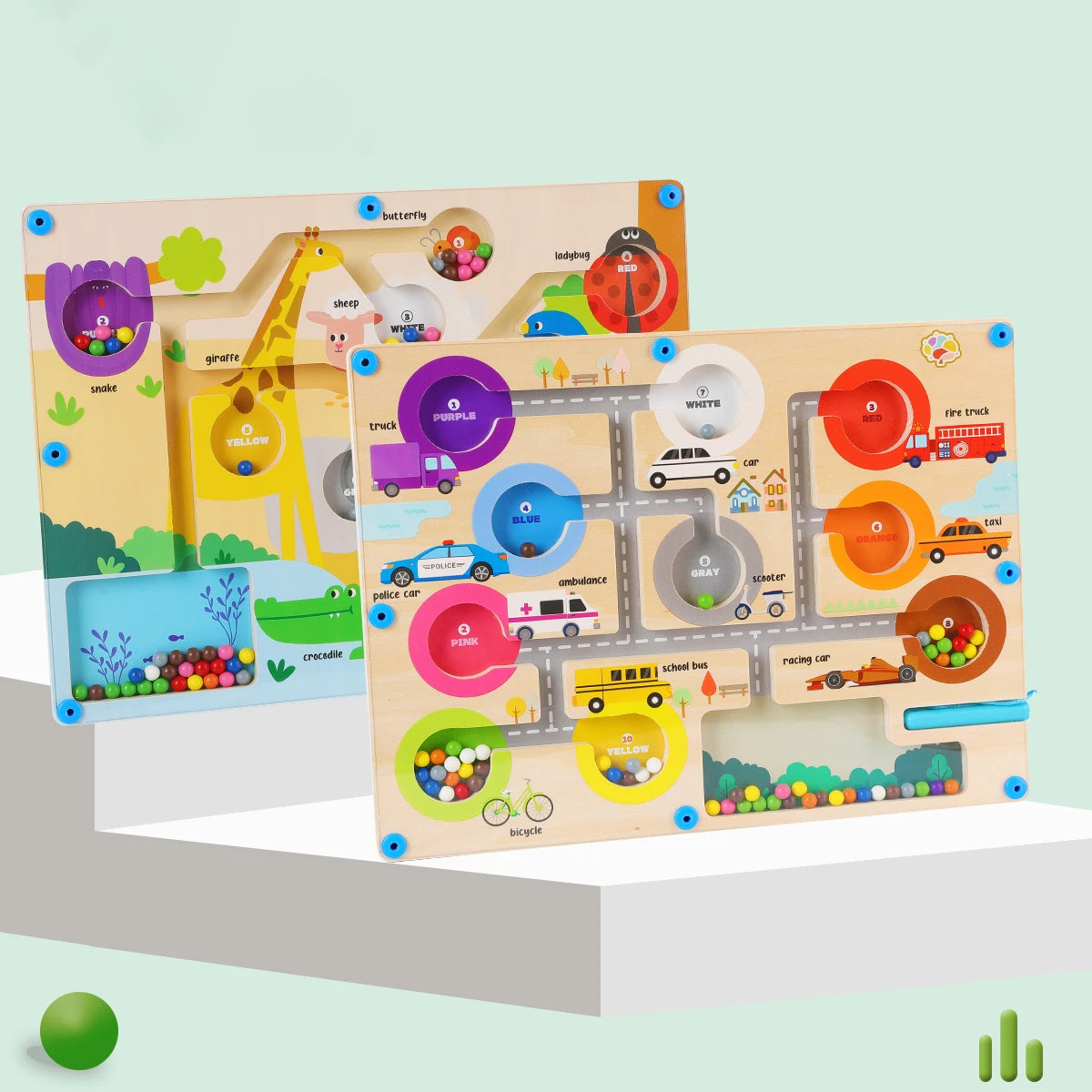 Colorful educational toy with various shapes and vehicles on a light green background