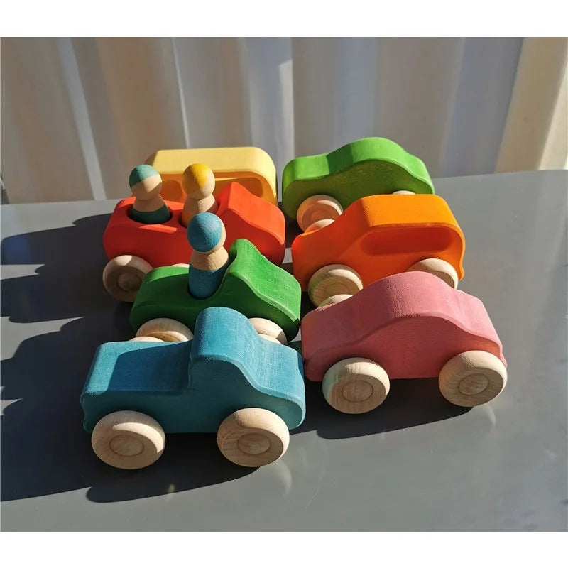 Wooden Stacking Bridge, Cars & Forest Trees Set - Montessori Imaginative Play