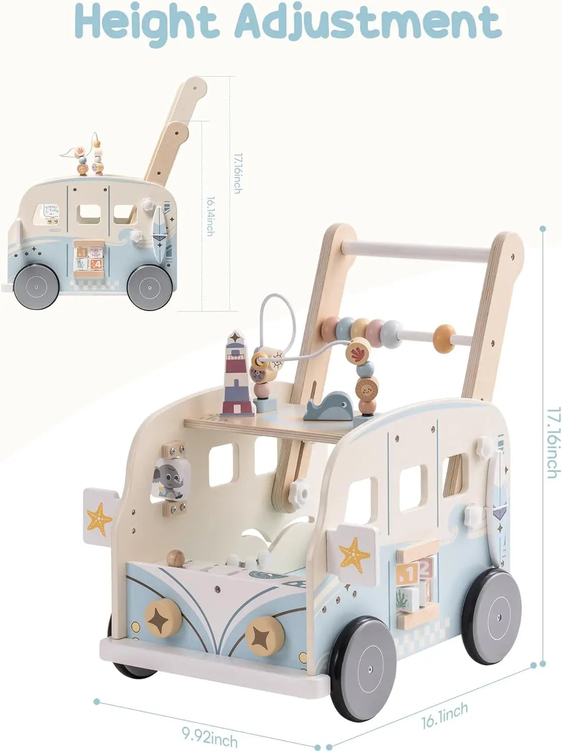 Wooden toy vehicle with height adjustment feature and measurements on a white background
