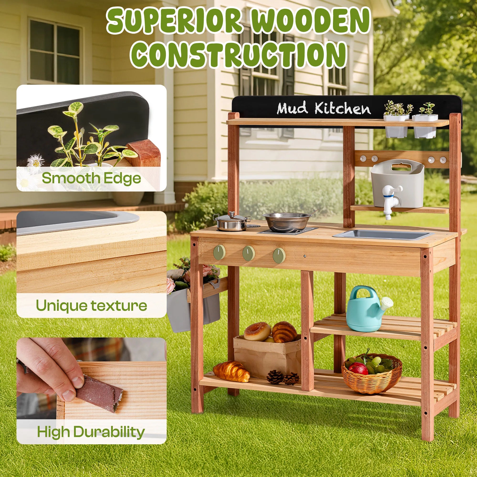 Wooden Outdoor Mud Kitchen with Chalkboard and Sink