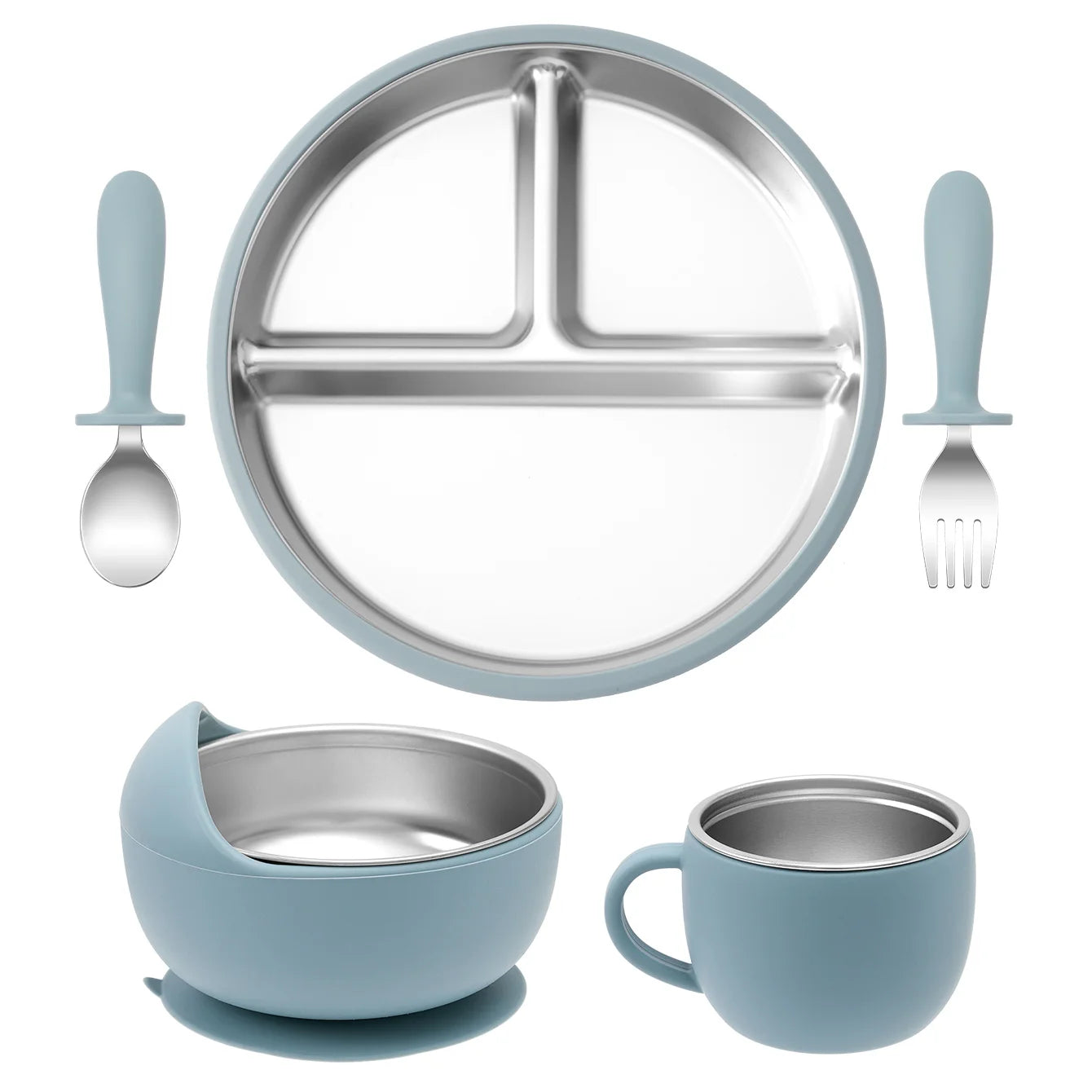 5-Piece Stainless Steel Silicone Baby Feeding Set with Cup | Oliver Montessori Toys