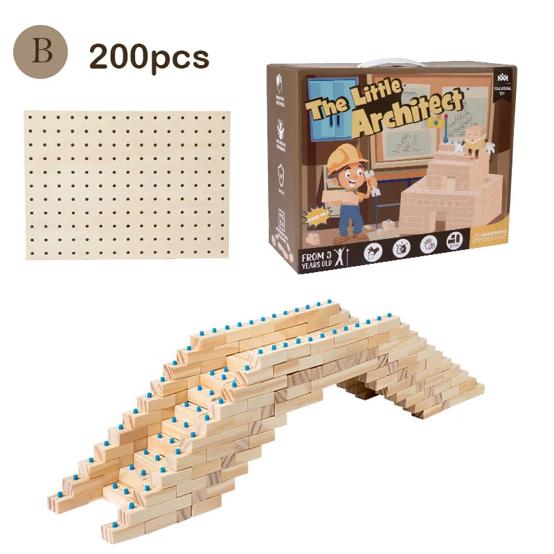 The Little Architect Wooden Building Blocks: Montessori educational toy for kids. Durable natural wood, available in 100, 200, or 300-piece sets.