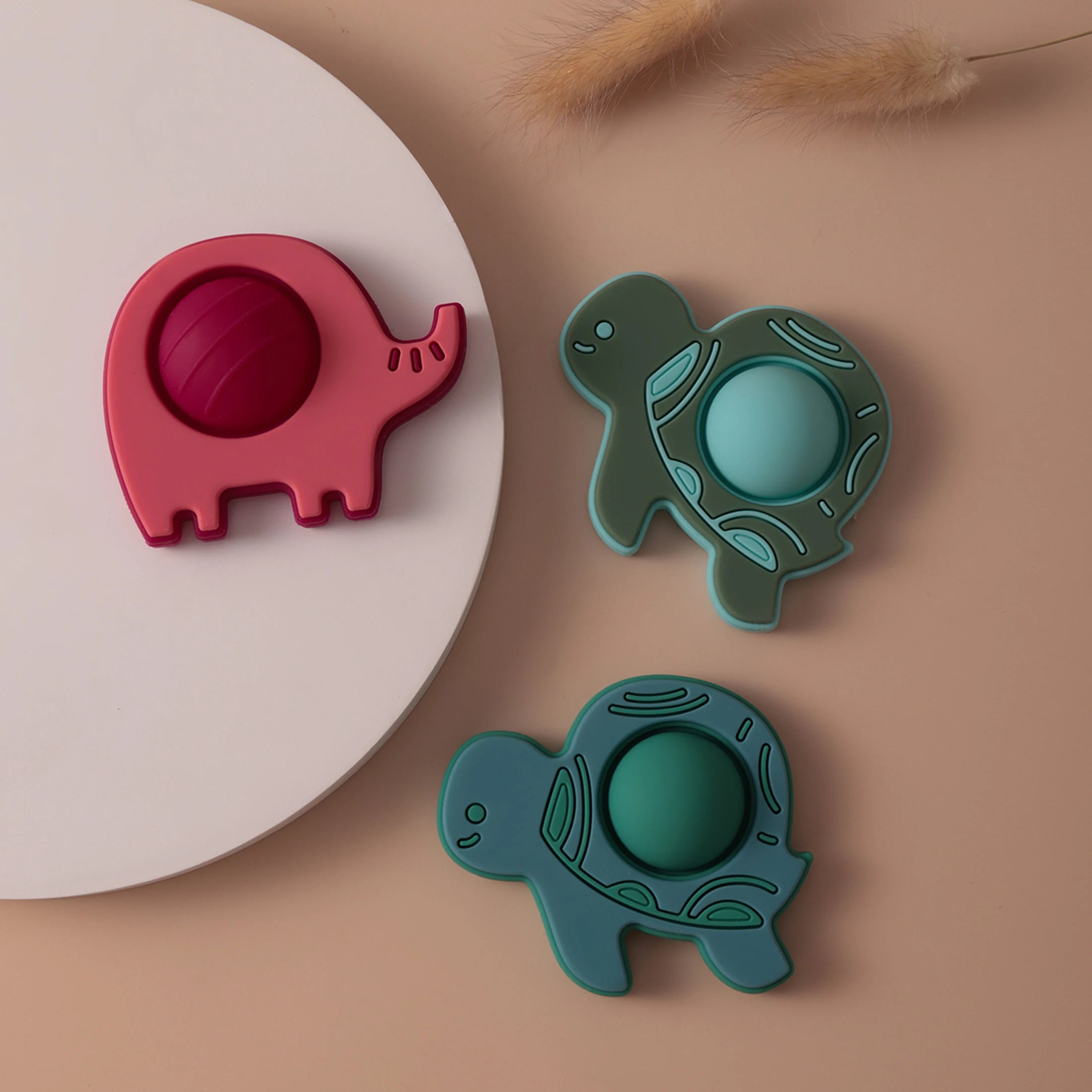 Red elephant and two turtle pop silicone teethers