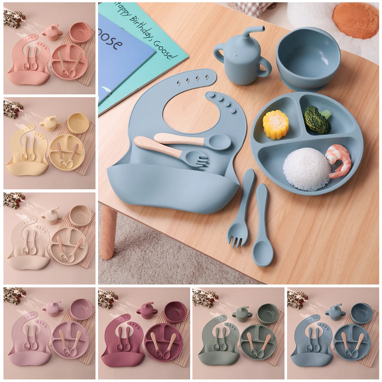 8-piece silicone feeding sets in many colors