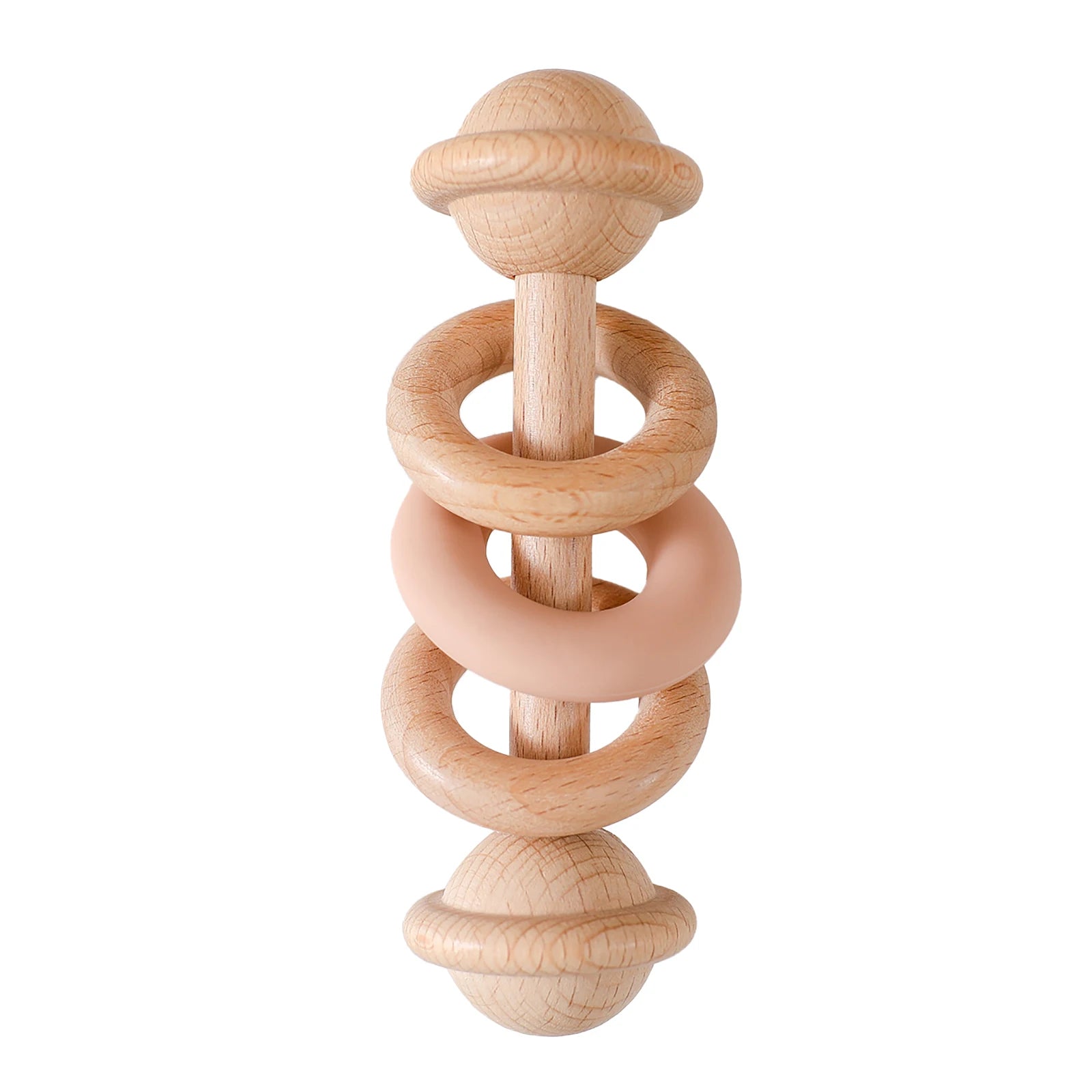 Wooden Baby Rattles with Silicone Rings, featuring wooden construction with silicone rings, designed for infants to enhance sensory exploration and motor skills.
