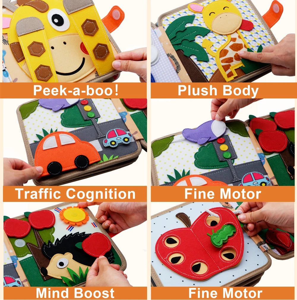 Collage of educational toys with various features like 'Peek-a-boo', 'Plush Body', 'Traffic Cognition', and 'Fine Motor'.