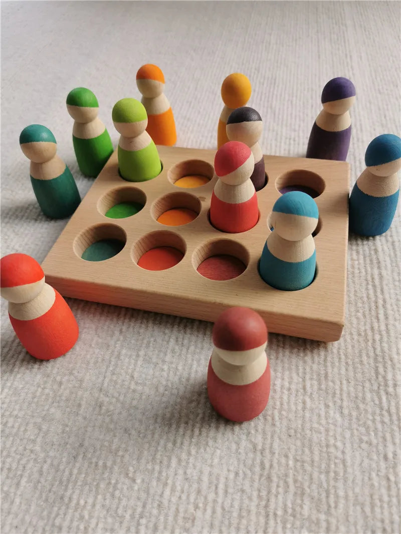 Wooden pegboard with colorful pegs on a textured surface