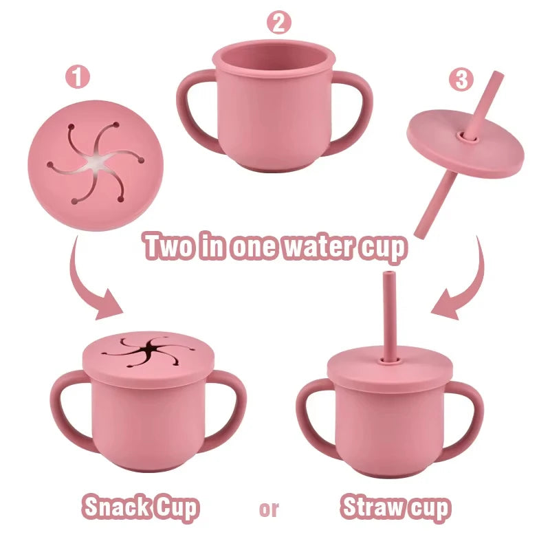 2-in-1 silicone cup used with a snack lid or a straw lid