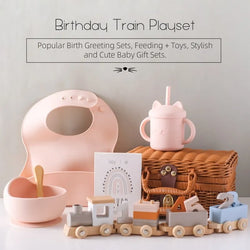 Baby Birthday Train Toy & Silicone Bib Gift Set | Oliver Montessori