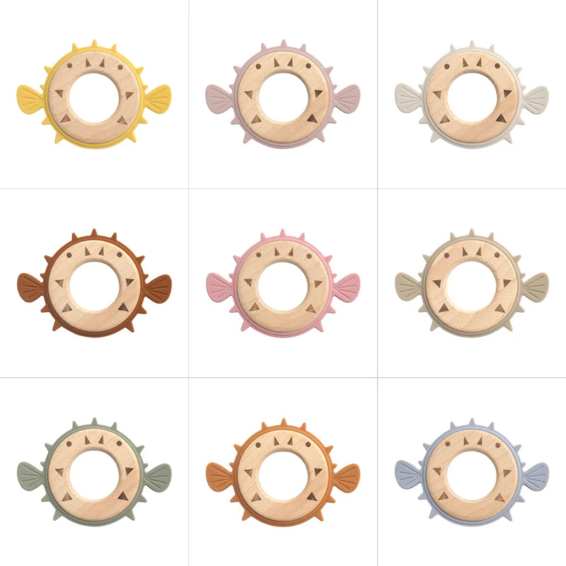 All nine colors of the pufferfish wooden ring teether