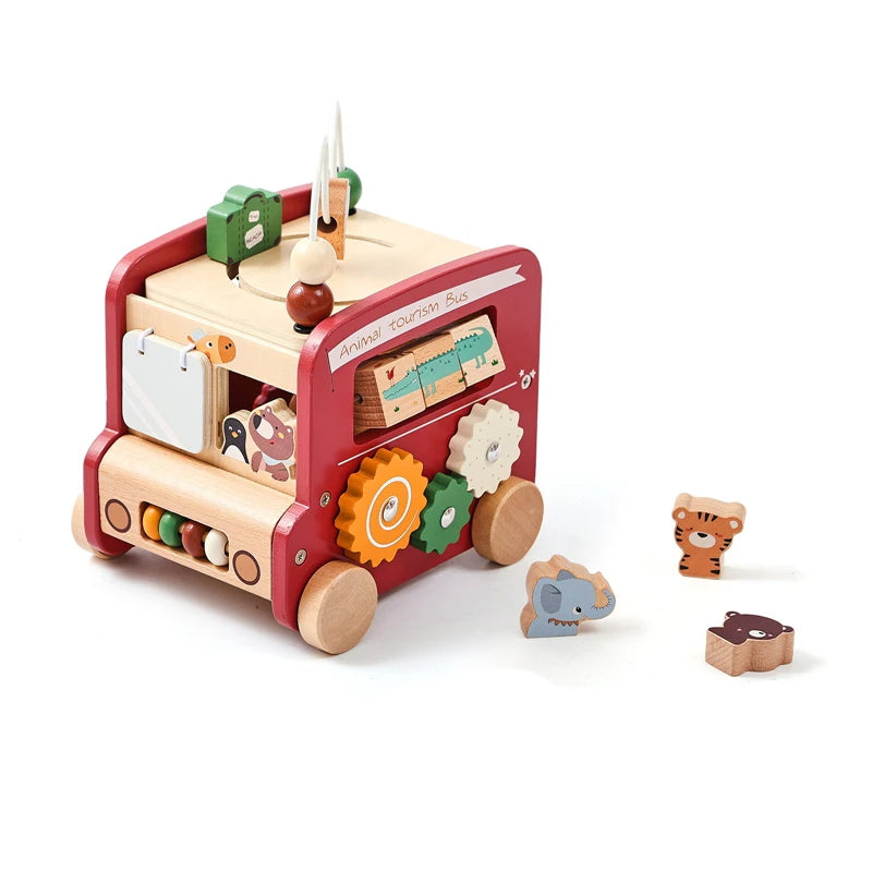 Montessori Activity Cube: Wooden busy bus toy with 8 games. Perfect for babies and toddlers 0-18 months. Durable, educational, and available in 2 color options