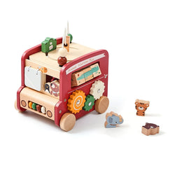 Montessori Activity Cube: Wooden busy bus toy with 8 games. Perfect for babies and toddlers 0-18 months. Durable, educational, and available in 2 color options