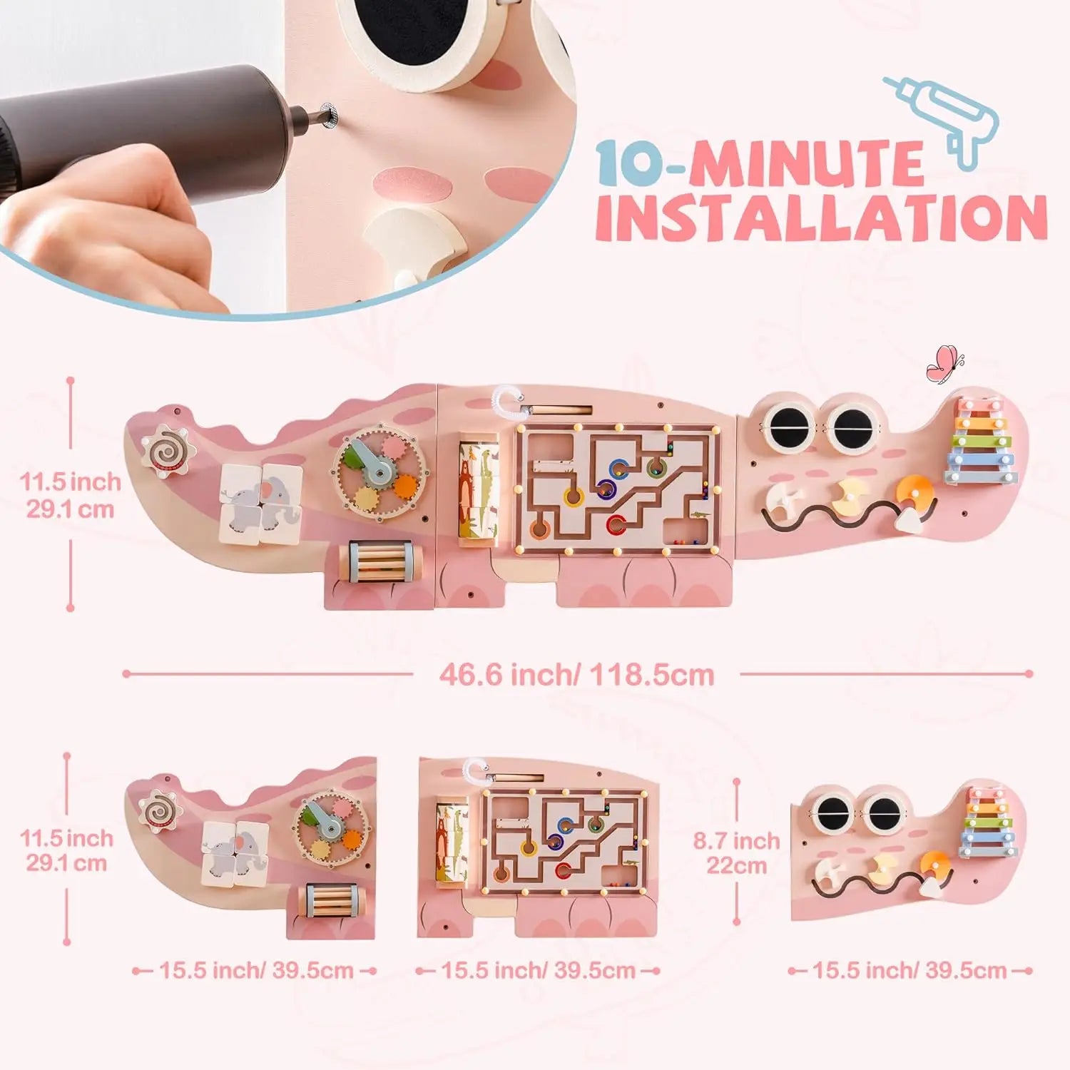 Pink toy giraffe with installation instructions and dimensions