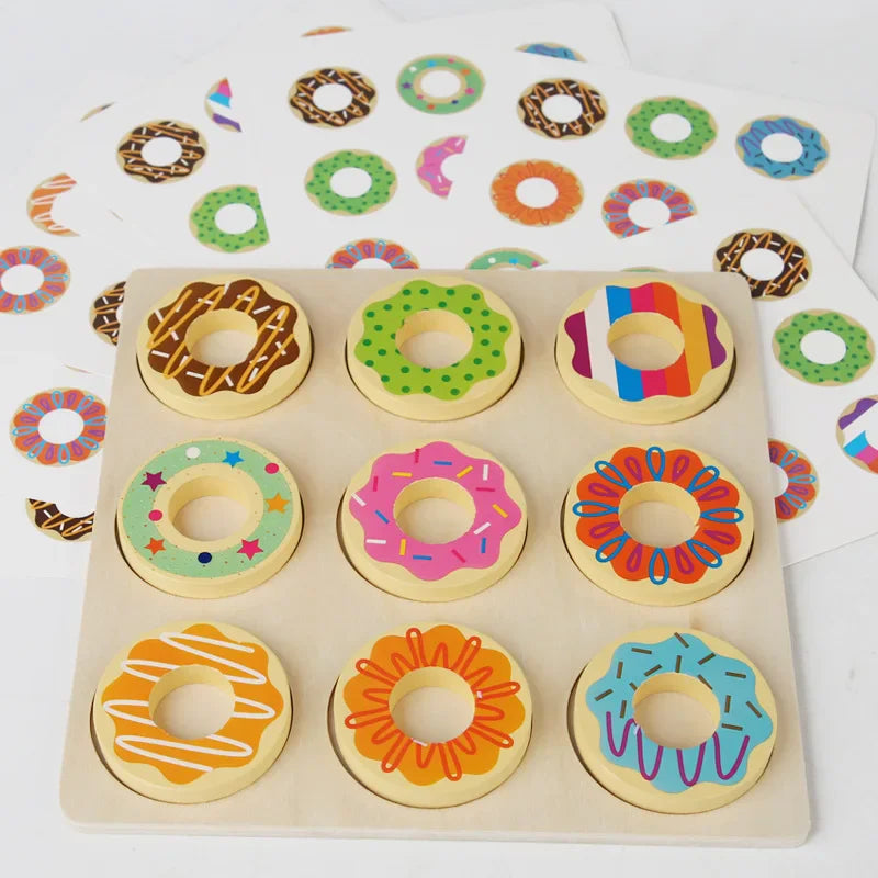Wooden donut puzzle with colorful decorations on a white background