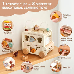 Montessori Activity Cube: Wooden busy bus toy with 8 games. Perfect for babies and toddlers 0-18 months. Durable, educational, and available in 2 color options