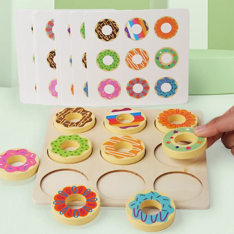 Wooden donut puzzle with colorful donut shapes on a white surface