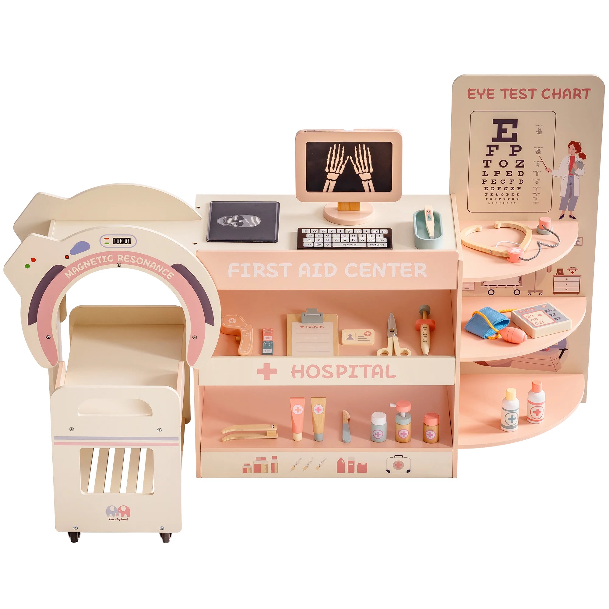 Toy medical center set with various medical items on a white background