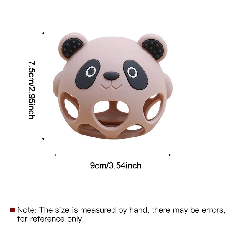 Panda-shaped baby teether with measurements on a white background