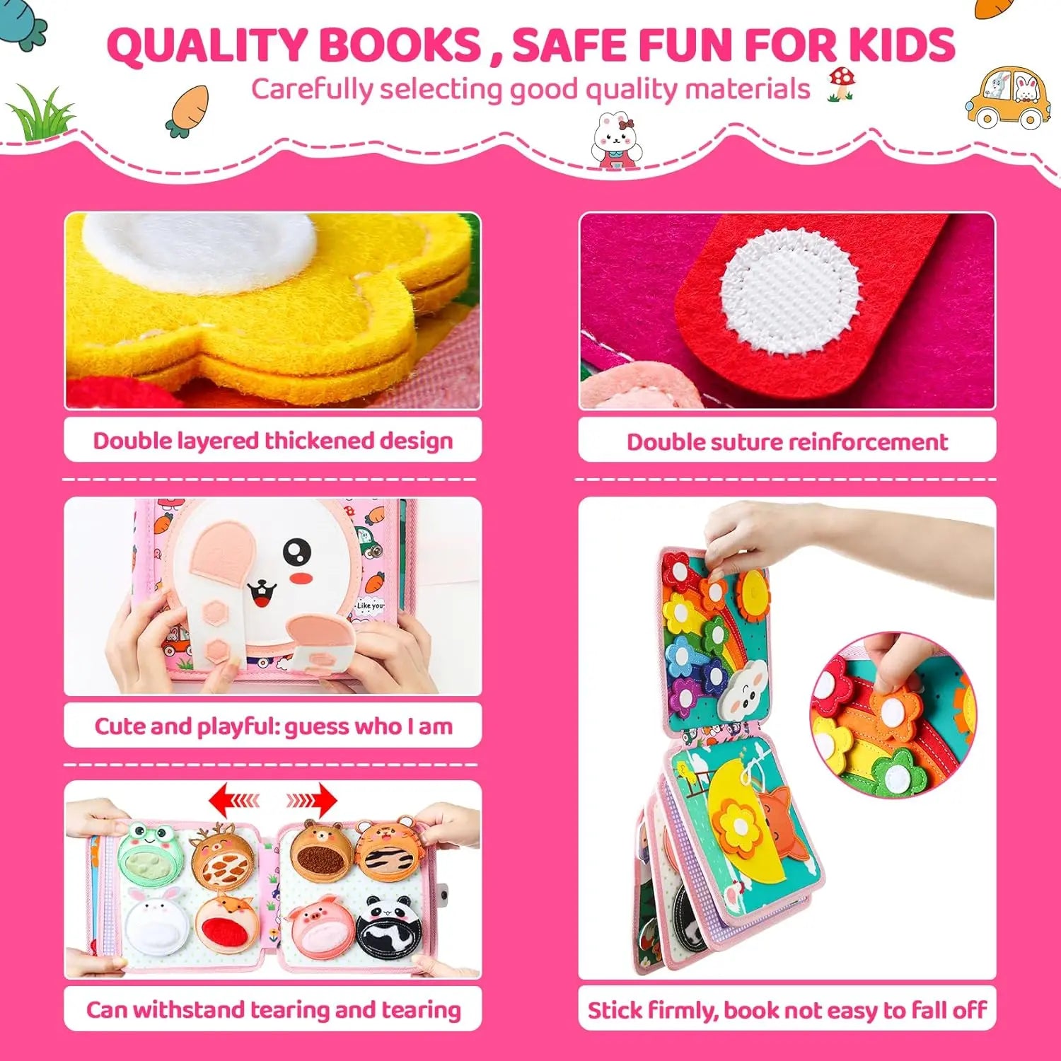 Children's educational book with colorful illustrations on a pink background