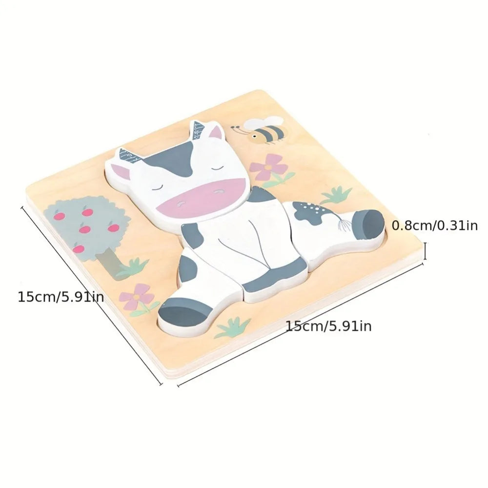 Children's puzzle with a cow design on a beige background, showing dimensions.