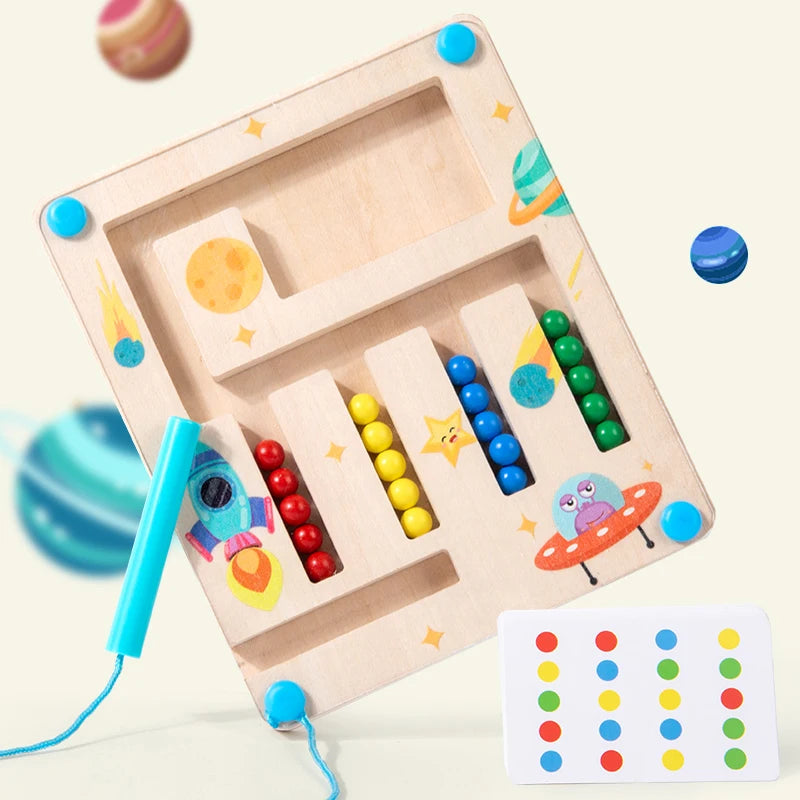 Wooden educational toy with colorful beads and shapes on a light background