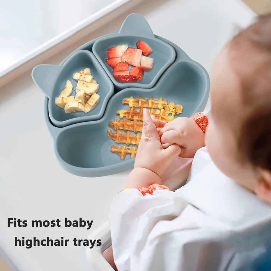 Dusty blue fox plate with food on a high chair tray