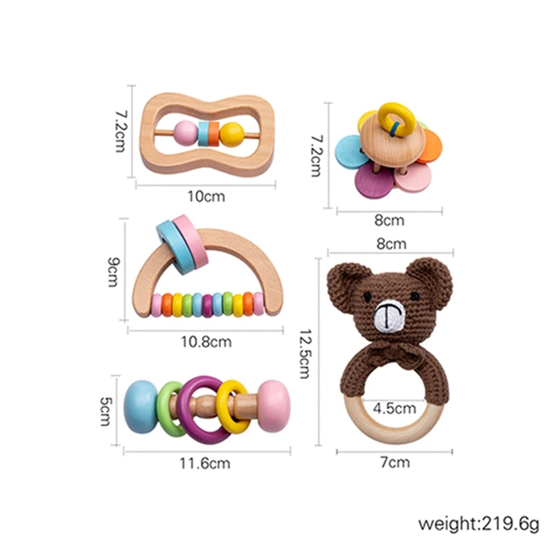 Wooden Baby Rattle Gift Sets featuring musical wooden crochet rattles and bell toys, designed to stimulate sensory development and promote creativity for infants.