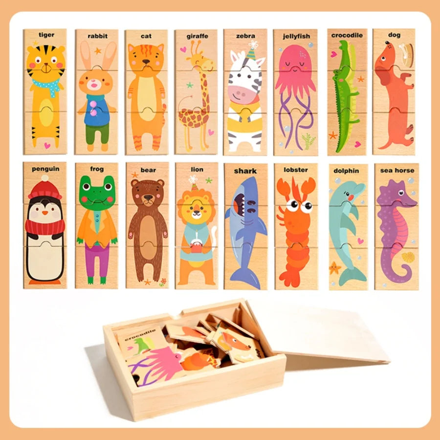 Set of wooden animal puzzles with a box on a light brown background